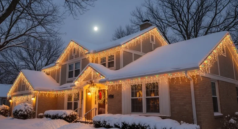 A two-story home covered in snow with Christmas lights safely installed along the roofline, showing proper roof safety during holiday decorating.