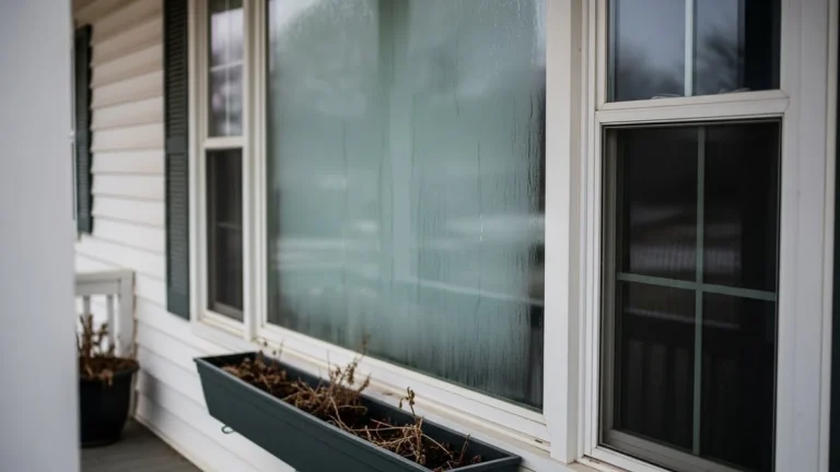 Foggy window repair example showing condensation and moisture buildup between window panes on a home’s exterior.